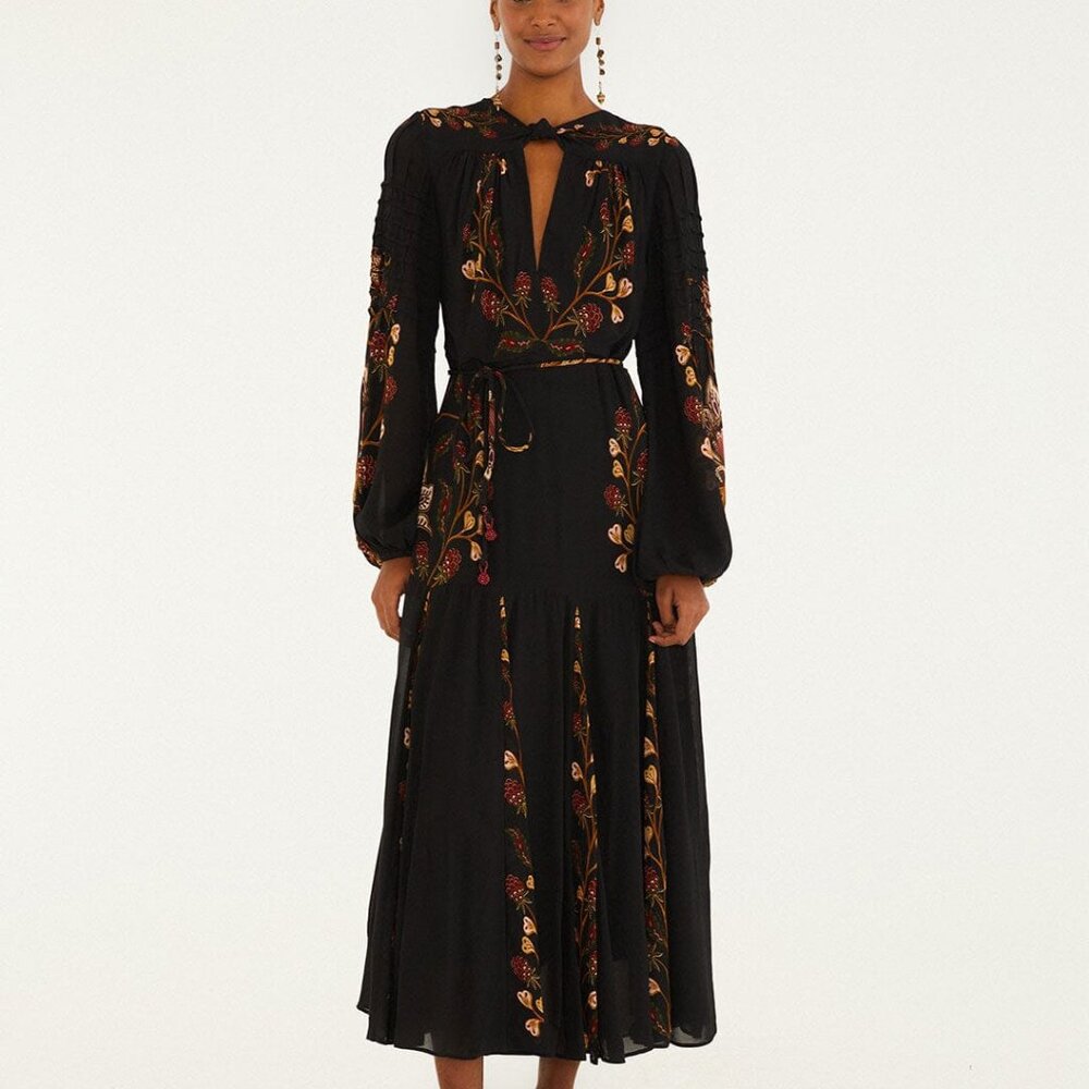 FARM Rio Black Berry Garden Long Sleeve Pleated Maxi Dress (Current Style!) NWOT